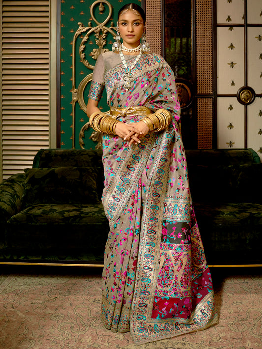 Women's Silk Blend Grey Woven Design Celebrity Saree With Blouse Piece