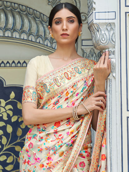 Women's Silk Blend Cream Woven Design Celebrity Saree With Blouse Piece