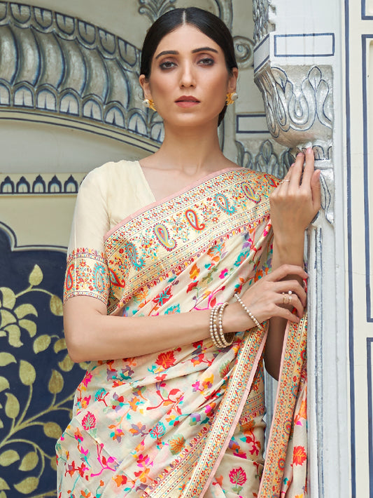 Women's Silk Blend Cream Woven Design Celebrity Saree With Blouse Piece