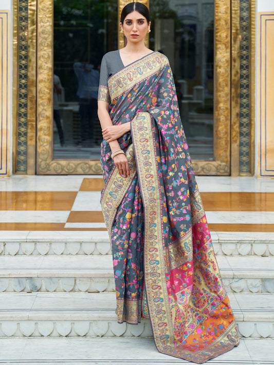 Women's Silk Blend Grey Woven Design Celebrity Saree With Blouse Piece