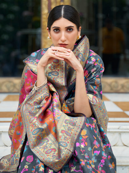 Women's Silk Blend Grey Woven Design Celebrity Saree With Blouse Piece