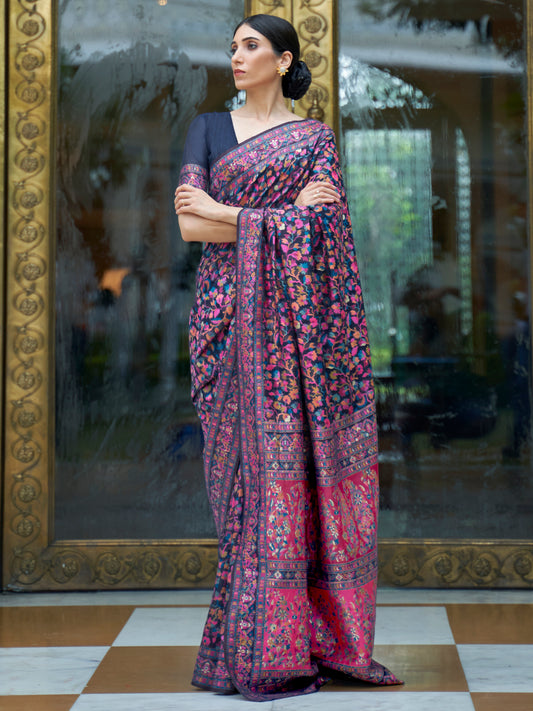 Women's Silk Blend Navy Blue Woven Design Celebrity Saree With Blouse Piece