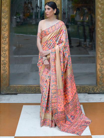 Women's Silk Blend Peach Woven Design Celebrity Saree With Blouse Piece