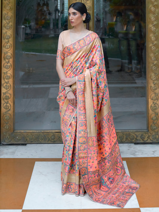 Women's Silk Blend Peach Woven Design Celebrity Saree With Blouse Piece