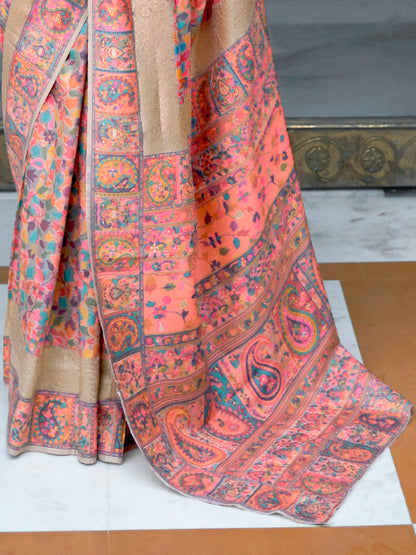 Women's Silk Blend Peach Woven Design Celebrity Saree With Blouse Piece