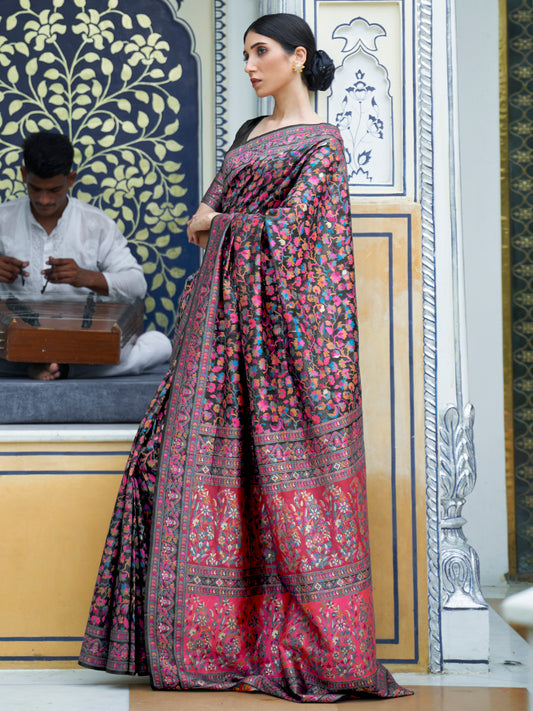 Women's Silk Blend Black Woven Design Celebrity Saree With Blouse Piece