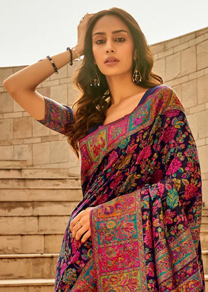 Women's Cotton Silk Navy Blue Woven Design Designer Saree With Blouse Piece