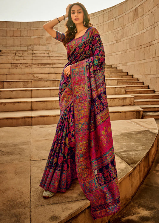 Women's Cotton Silk Navy Blue Woven Design Designer Saree With Blouse Piece