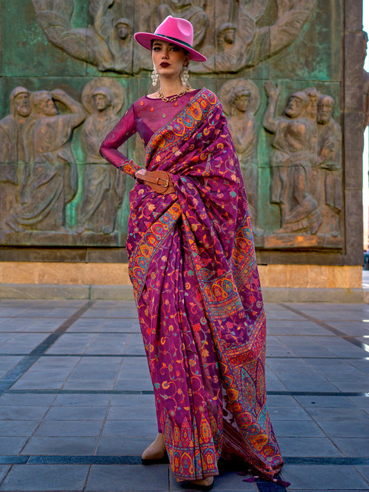 Women's Organza Magenta Woven Design Designer Saree With Blouse Piece