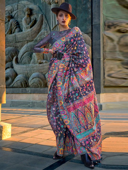 Women's Organza Grey Woven Design Designer Saree With Blouse Piece