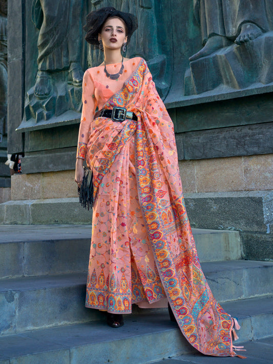Women's Organza Peach Woven Design Designer Saree With Blouse Piece
