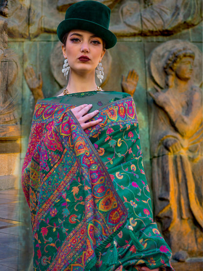 Women's Organza Green Woven Design Designer Saree With Blouse Piece