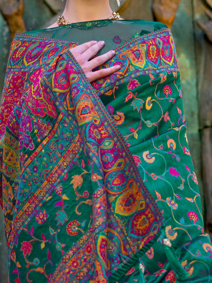 Women's Organza Green Woven Design Designer Saree With Blouse Piece