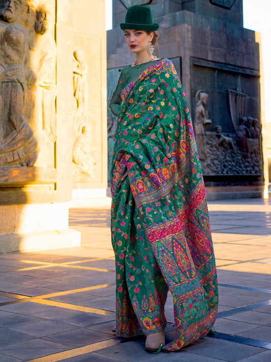 Women's Organza Green Woven Design Designer Saree With Blouse Piece