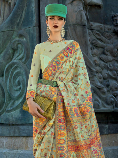 Women's Organza Light Green Woven Design Designer Saree With Blouse Piece