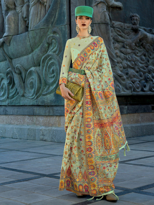 Women's Organza Light Green Woven Design Designer Saree With Blouse Piece