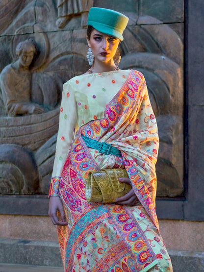 Women's Organza Sea Green Woven Design Designer Saree With Blouse Piece