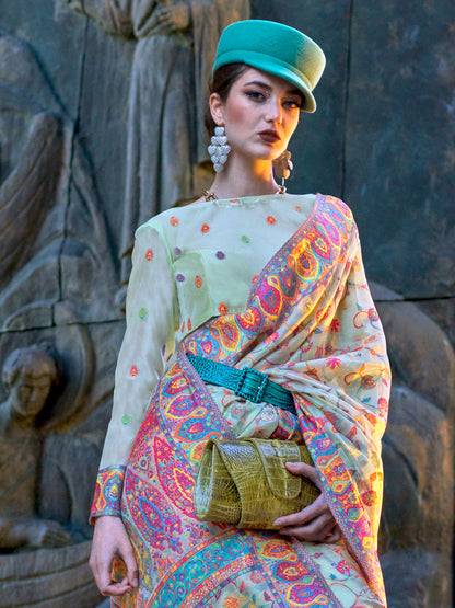 Women's Organza Sea Green Woven Design Designer Saree With Blouse Piece