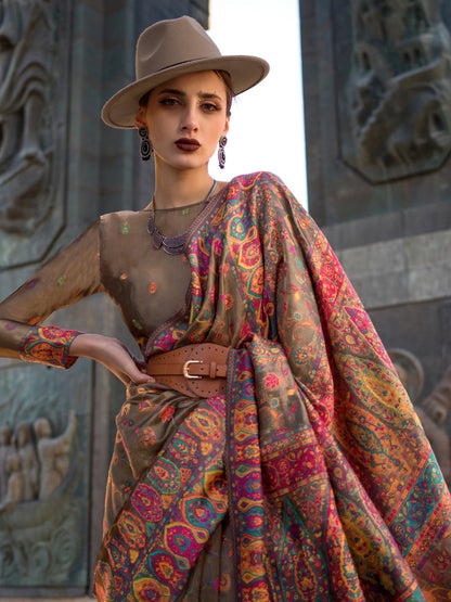 Women's Organza Brown Woven Design Designer Saree With Blouse Piece
