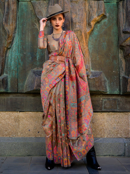 Women's Organza Brown Woven Design Designer Saree With Blouse Piece
