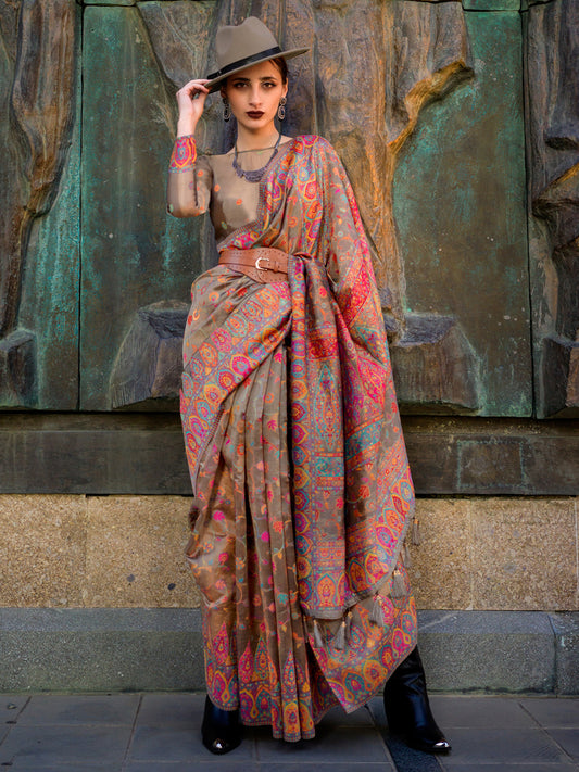 Women's Organza Brown Woven Design Designer Saree With Blouse Piece