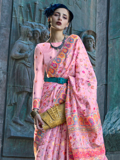Women's Organza Pink Woven Design Designer Saree With Blouse Piece