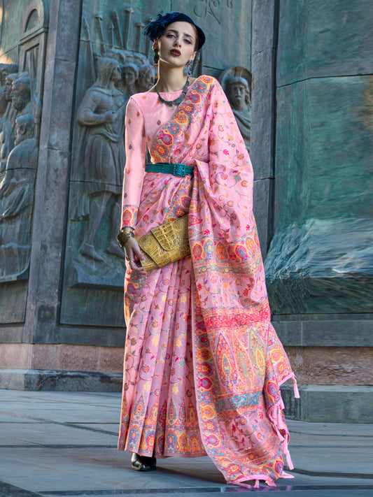 Women's Organza Pink Woven Design Designer Saree With Blouse Piece