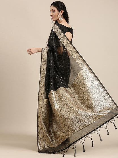 Women's Modal Black Woven Design Woven saree With Blouse Piece