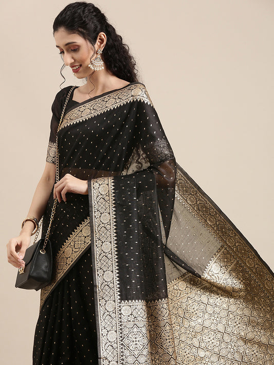 Women's Modal Black Woven Design Woven saree With Blouse Piece