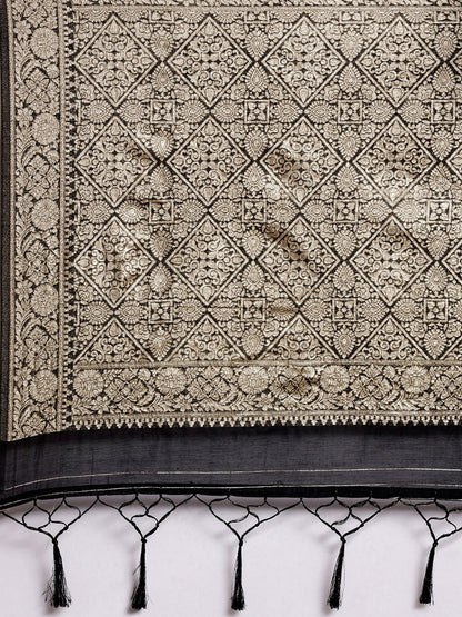 Women's Modal Black Woven Design Woven saree With Blouse Piece