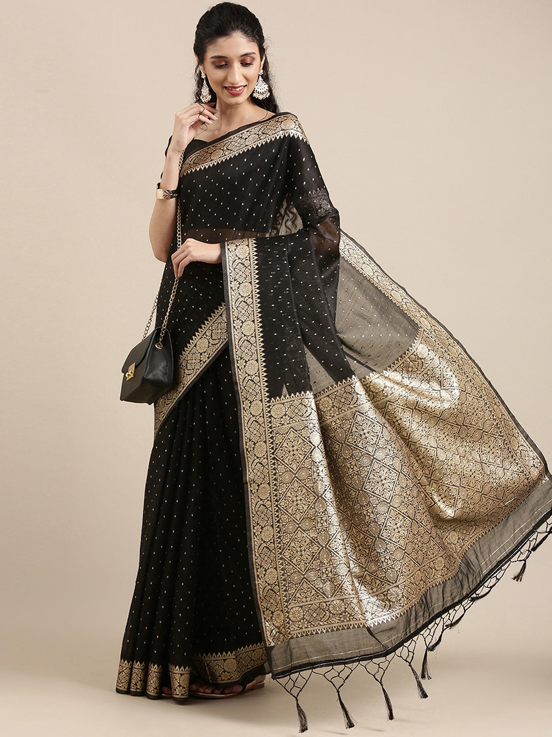 Women's Modal Black Woven Design Woven saree With Blouse Piece