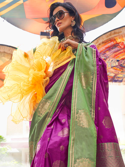 Women's Silk Blend Light Green Woven Design Designer Saree With Blouse Piece