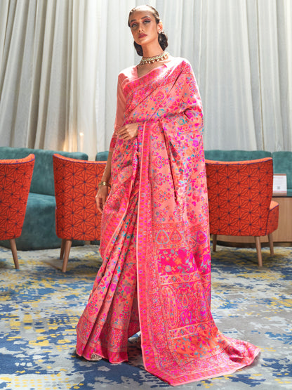 Women's Cotton Blend Pink Woven Design Handloom Saree With Blouse Piece