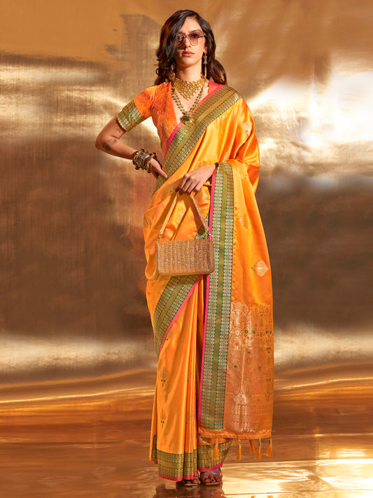 Women's Satin Silk Yellow Woven Design Designer Saree With Blouse Piece