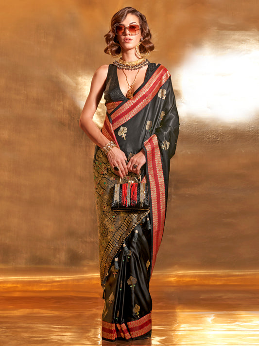 Women's Satin Silk Black Woven Design Designer Saree With Blouse Piece