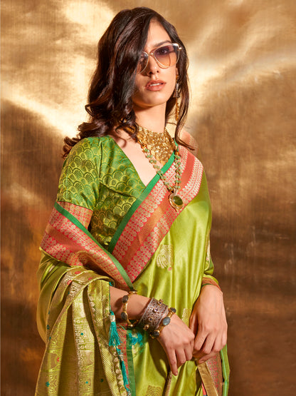 Women's Satin Silk Light Green Woven Design Designer Saree With Blouse Piece