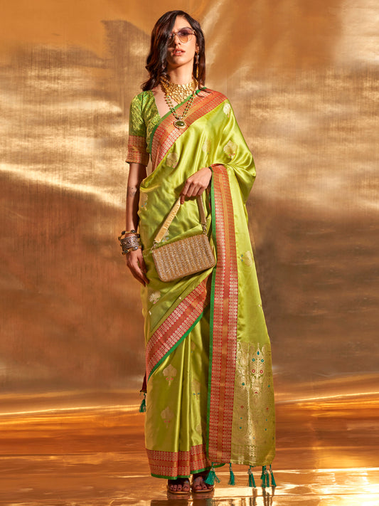 Women's Satin Silk Light Green Woven Design Designer Saree With Blouse Piece