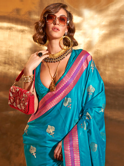 Women's Satin Silk Blue Woven Design Designer Saree With Blouse Piece