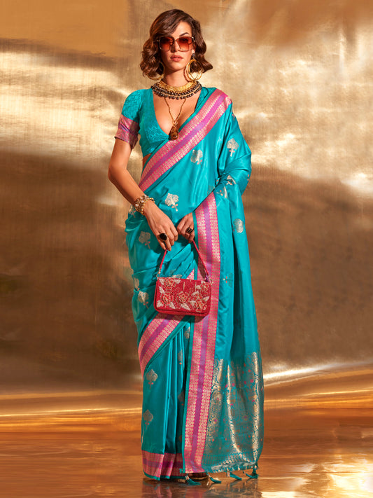Women's Satin Silk Blue Woven Design Designer Saree With Blouse Piece