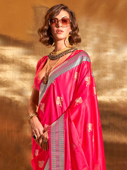 Women's Satin Silk Pink Woven Design Designer Saree With Blouse Piece