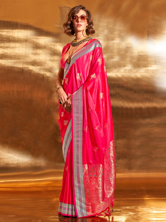 Women's Satin Silk Pink Woven Design Designer Saree With Blouse Piece