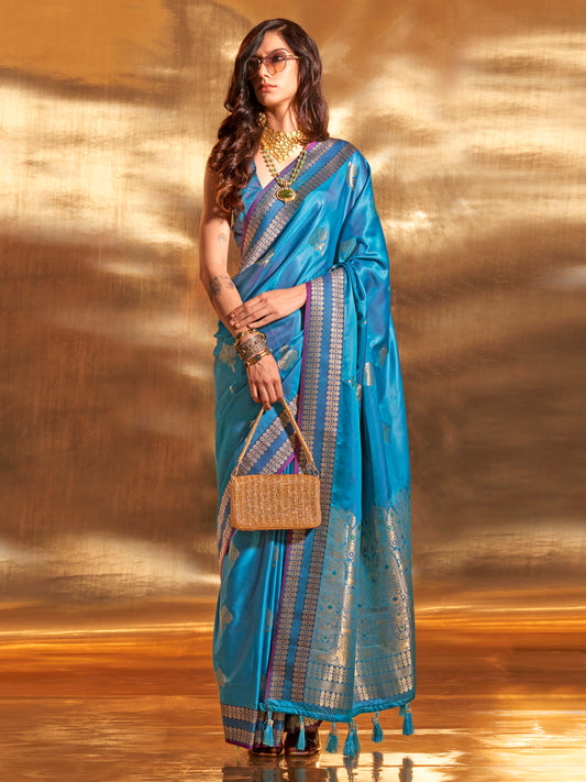 Women's Satin Silk Blue Woven Design Designer Saree With Blouse Piece