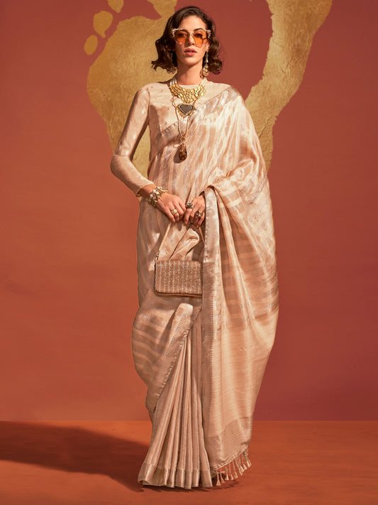 Women's Viscose Silk Cream Woven Design Designer Saree With Blouse Piece