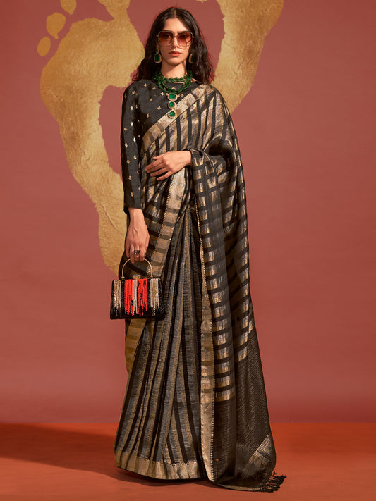 Women's Viscose Silk Black Woven Design Designer Saree With Blouse Piece