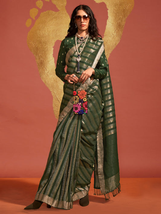 Women's Viscose Silk Green Woven Design Designer Saree With Blouse Piece