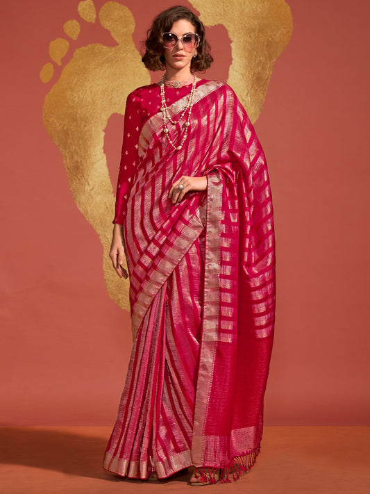 Women's Viscose Silk Pink Woven Design Designer Saree With Blouse Piece