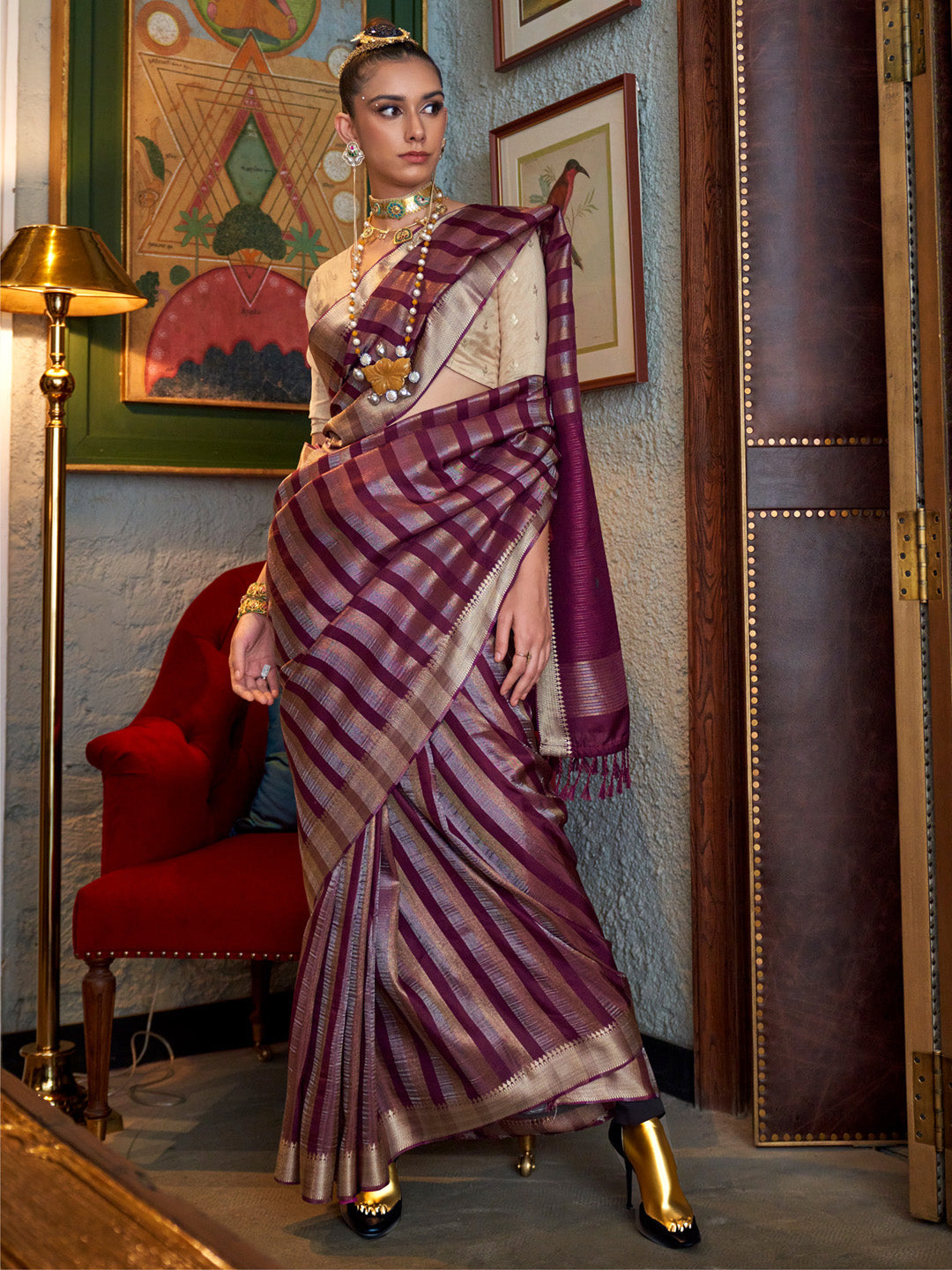 Women's Viscose Silk Cream Woven Design Designer Saree With Blouse Piece