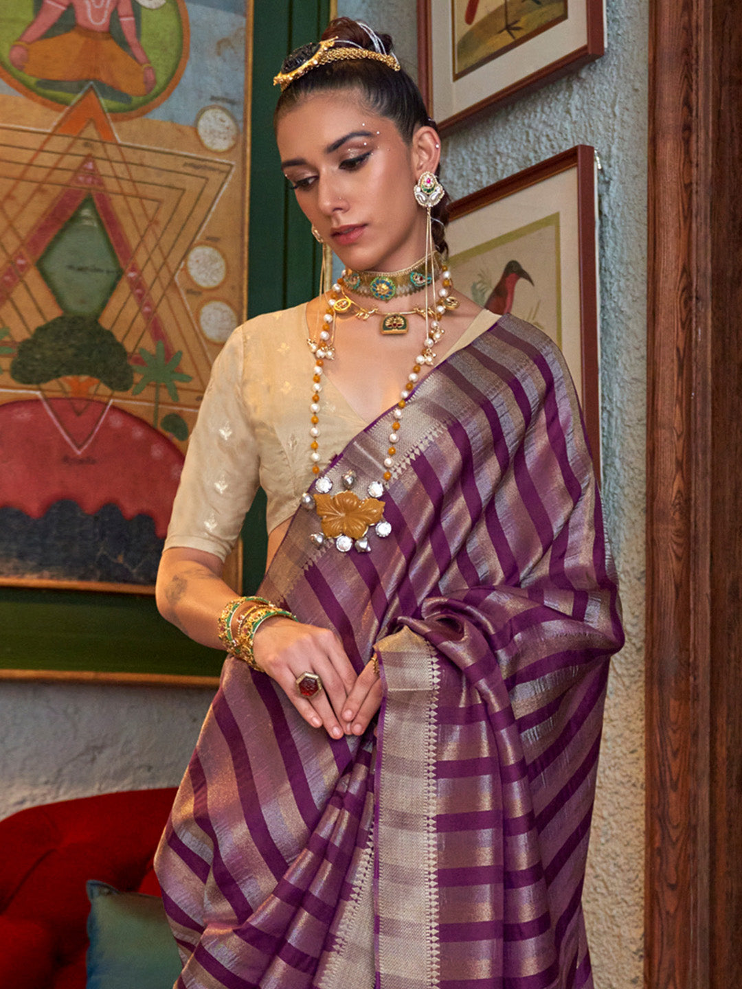 Women's Viscose Silk Cream Woven Design Designer Saree With Blouse Piece