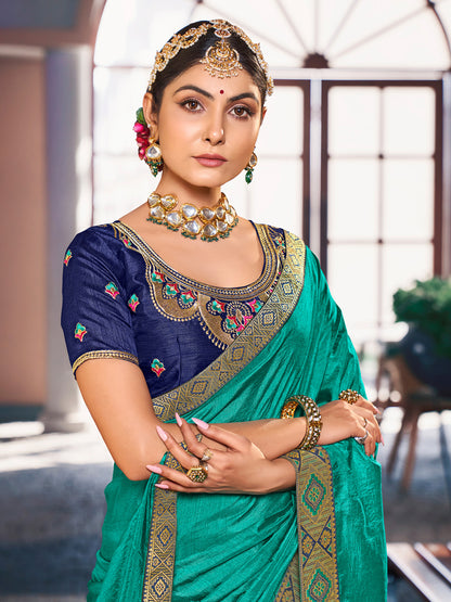 Women's Vichitra Silk Blue Embellished Celebrity Saree With Blouse Piece