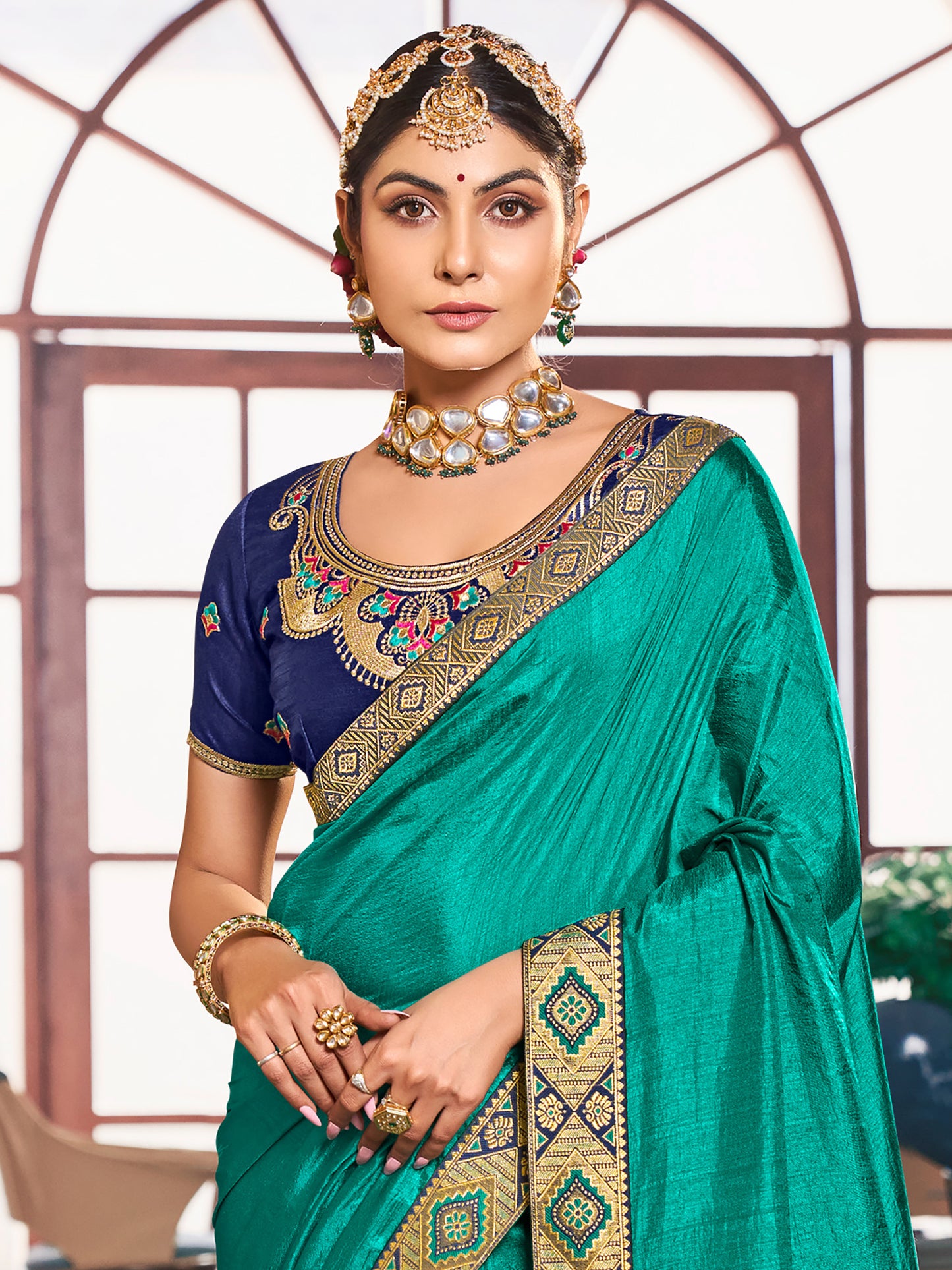 Women's Vichitra Silk Blue Embellished Celebrity Saree With Blouse Piece